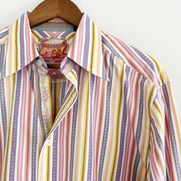 Robert Graham Striped Embroidered Pastel Button Down Shirt Classic Fit Size L - Picture 2 of 13